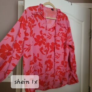 SHEIN Pink Blouse with Red Floral Design